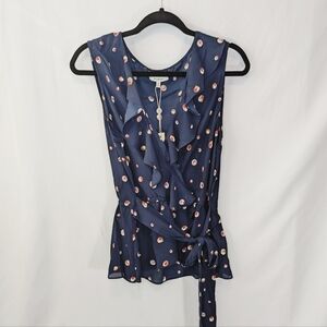 NWT Max Studio Navy Print Tank Top with Ruffles & Tie Waist, Women's Size Large
